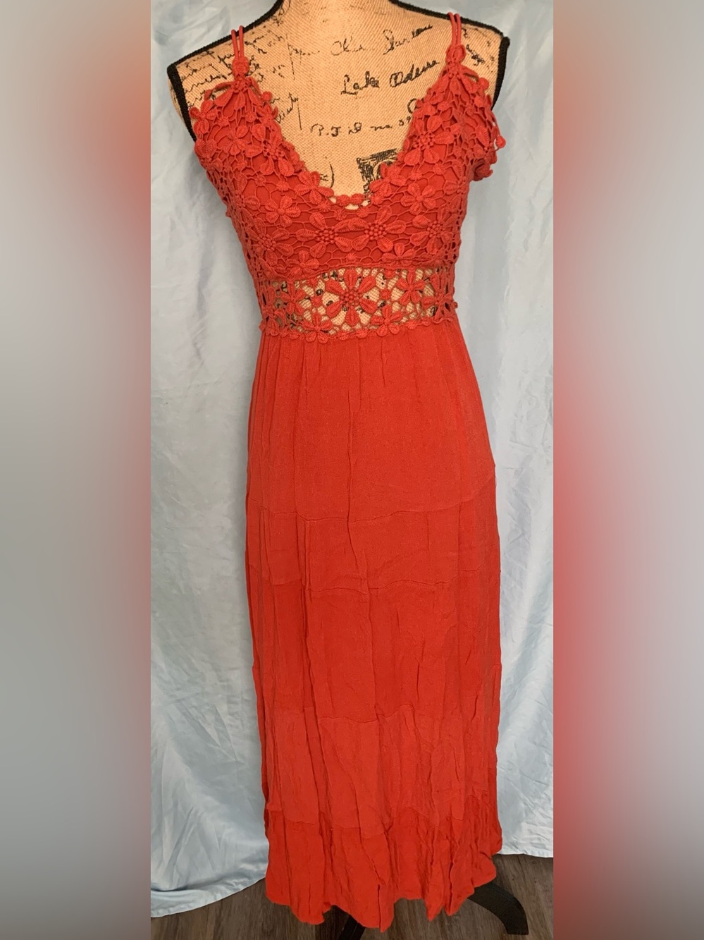 LA MIEL Coral Crochet-Detail Maxi Dress